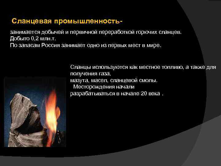 Сланцевая промышленностьзанимается добычей и первичной переработкой горючих сланцев. Добыто 0, 2 млн. т. По