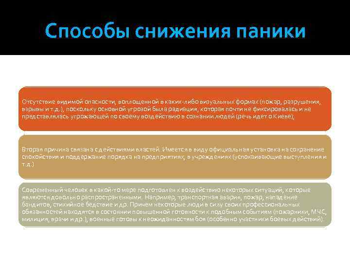Способы снижения паники Отсутствие видимой опасности, воплощенной в каких-либо визуальных формах (пожар, разрушения, взрывы