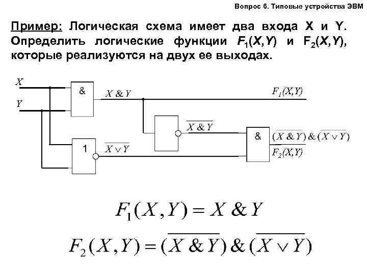 Вопрос 6. Типовые устройства ЭВМ Пример: Логическая схема имеет два входа X и Y.