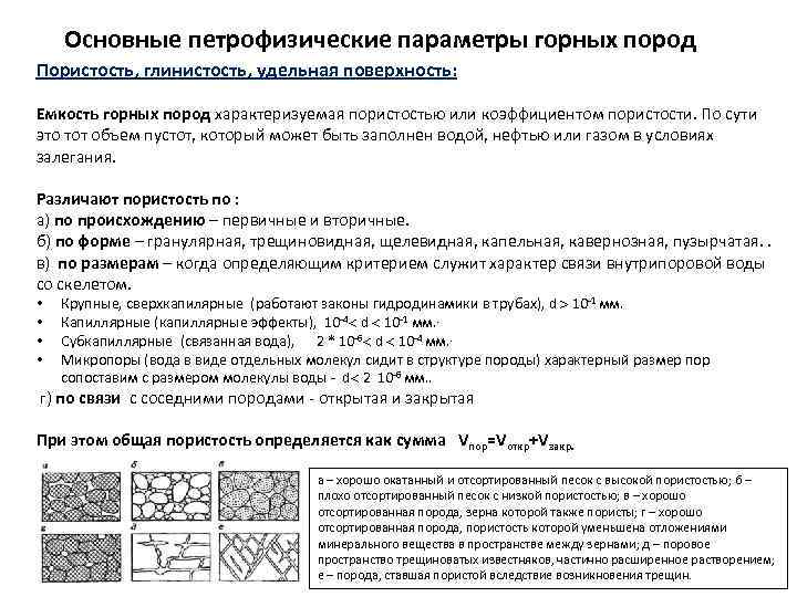 Основные петрофизические параметры горных пород Пористость, глинистость, удельная поверхность: Емкость горных пород характеризуемая пористостью