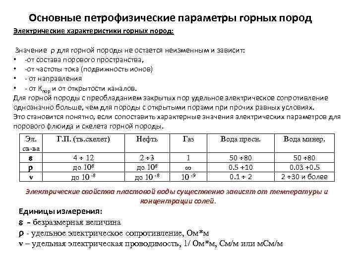 Основные петрофизические параметры горных пород Электрические характеристики горных пород: Значение для горной породы не