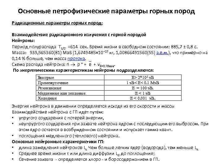 Основные петрофизические параметры горных пород Радиационные параметры горных пород: Взаимодействие радиационного излучения с горной