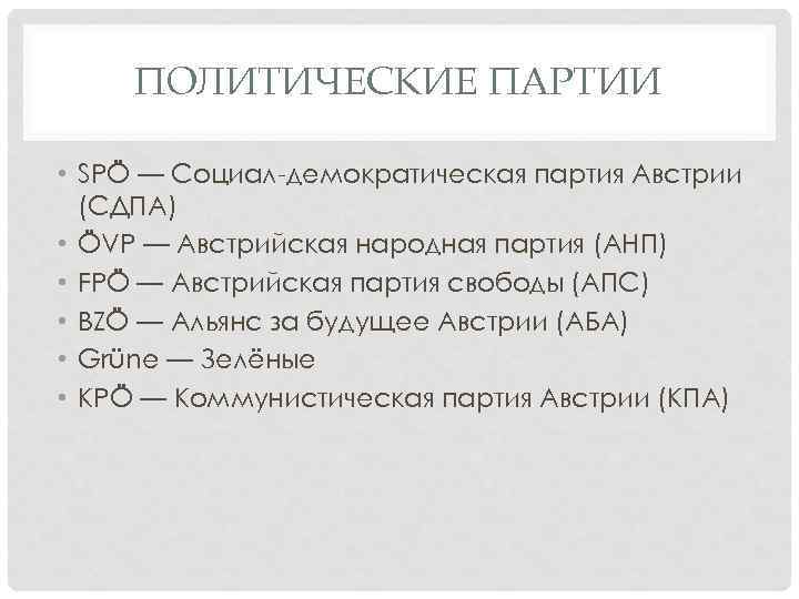 ПОЛИТИЧЕСКИЕ ПАРТИИ • SPÖ — Социал-демократическая партия Австрии (СДПА) • ÖVP — Австрийская народная