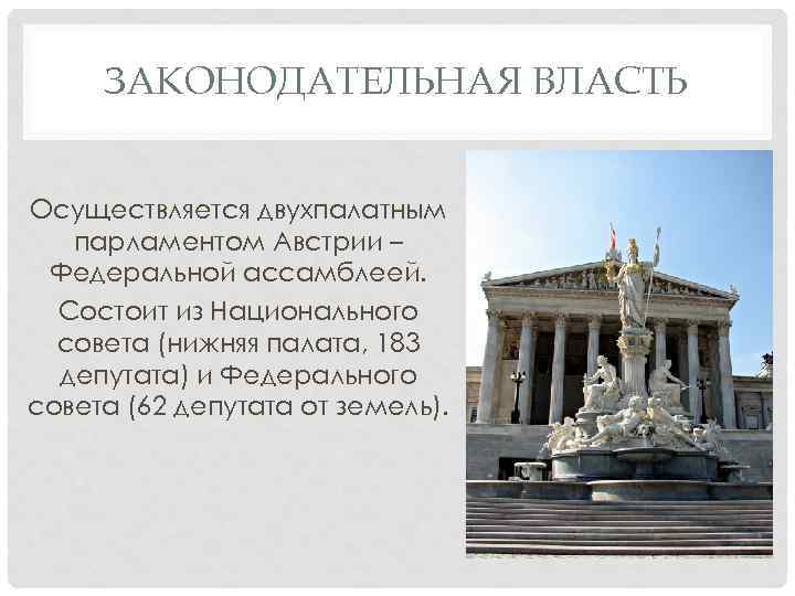 ЗАКОНОДАТЕЛЬНАЯ ВЛАСТЬ Осуществляется двухпалатным парламентом Австрии – Федеральной ассамблеей. Состоит из Национального совета (нижняя