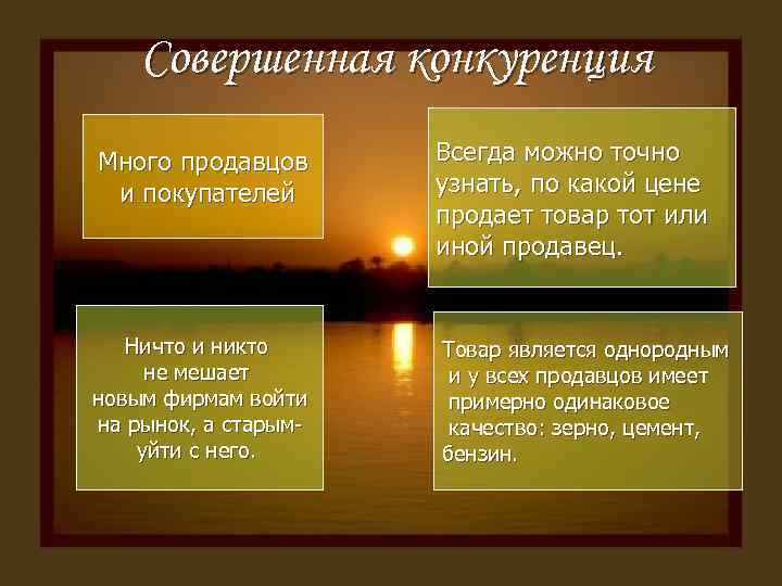 Совершенная конкуренция Много продавцов и покупателей Всегда можно точно узнать, по какой цене продает