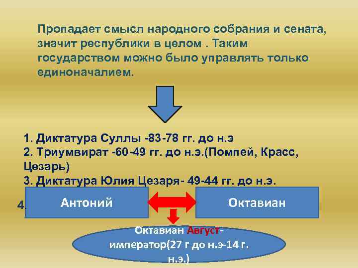 Пропадает смысл народного собрания и сената, значит республики в целом. Таким государством можно было