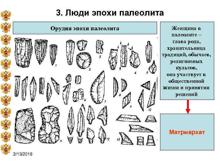 3. Люди эпохи палеолита Орудия эпохи палеолита Женщина в палеолите – глава рода, хранительница