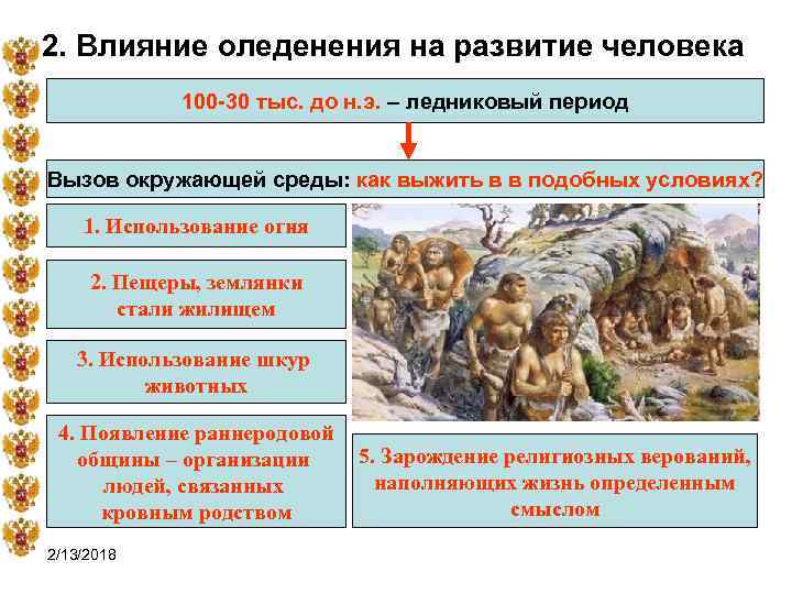 2. Влияние оледенения на развитие человека 100 -30 тыс. до н. э. – ледниковый