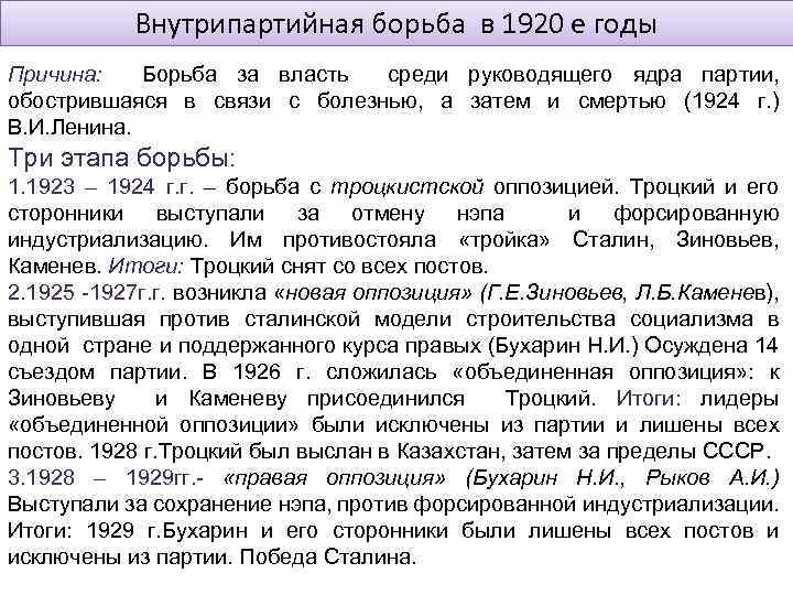 Внутрипартийная борьба в 1920 е годы Причина: Борьба за власть среди руководящего ядра партии,