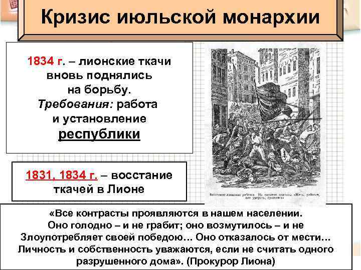 Кризис июльской монархии 1834 г. – лионские ткачи вновь поднялись на борьбу. Требования: работа