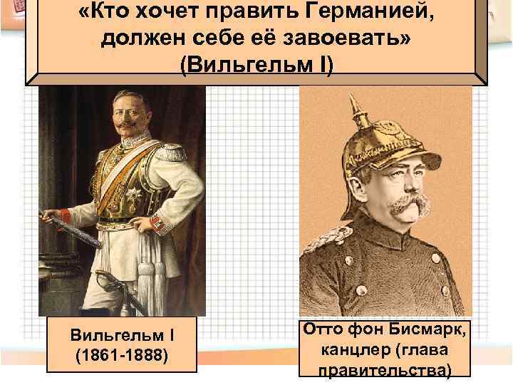  «Кто хочет править Германией, должен себе её завоевать» (Вильгельм I) Вильгельм I (1861