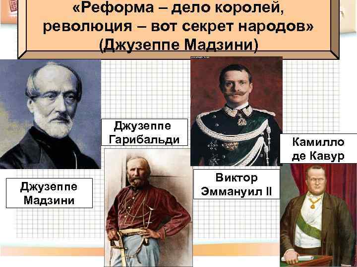  «Реформа – дело королей, революция – вот секрет народов» (Джузеппе Мадзини) Джузеппе Гарибальди