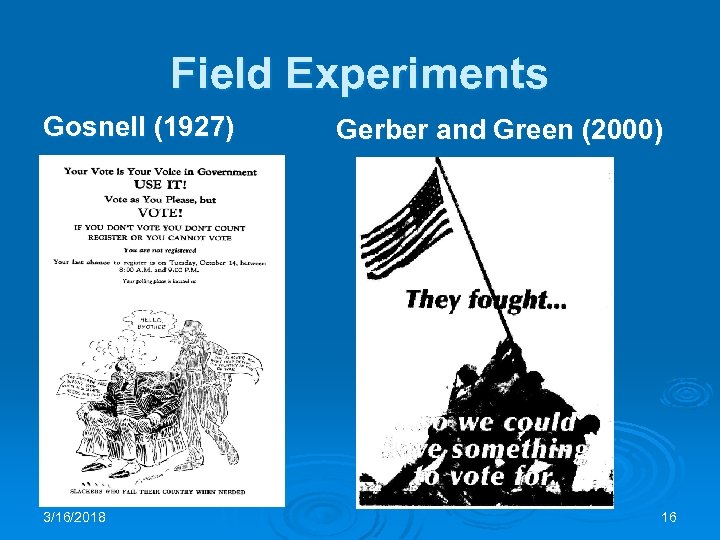 Field Experiments Gosnell (1927) 3/16/2018 Gerber and Green (2000) 16 