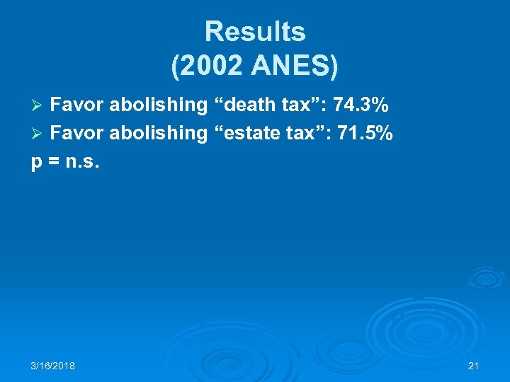 Results (2002 ANES) Favor abolishing “death tax”: 74. 3% Ø Favor abolishing “estate tax”: