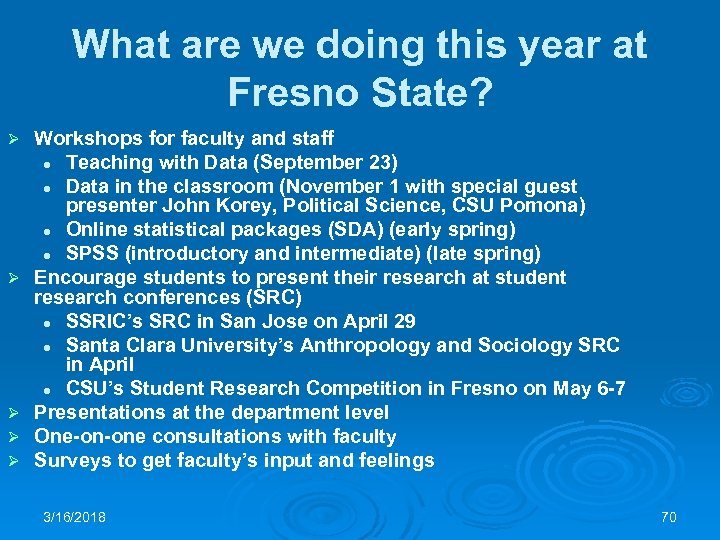 What are we doing this year at Fresno State? Ø Ø Ø Workshops for