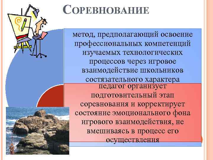 СОРЕВНОВАНИЕ метод, предполагающий освоение профессиональных компетенций изучаемых технологических процессов через игровое взаимодействие школьников состязательного