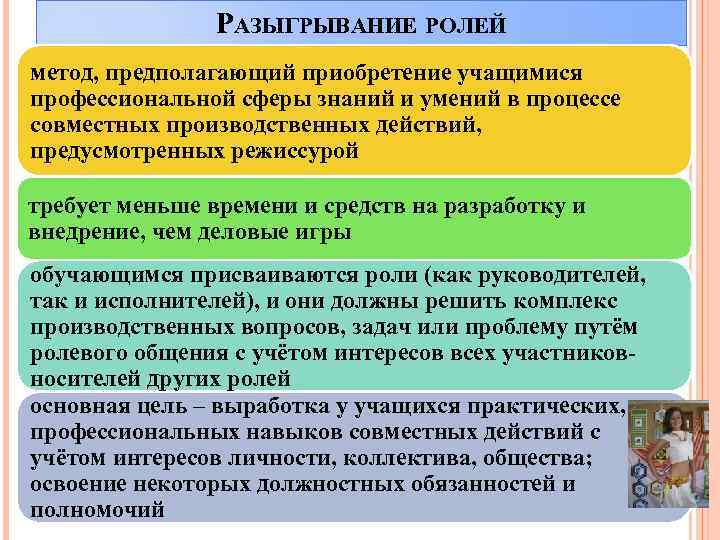 РАЗЫГРЫВАНИЕ РОЛЕЙ метод, предполагающий приобретение учащимися профессиональной сферы знаний и умений в процессе совместных