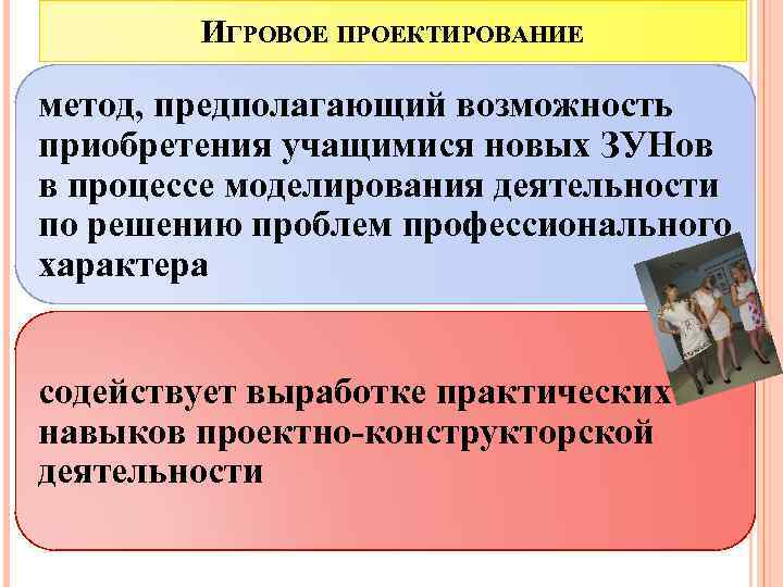 ИГРОВОЕ ПРОЕКТИРОВАНИЕ метод, предполагающий возможность приобретения учащимися новых ЗУНов в процессе моделирования деятельности по