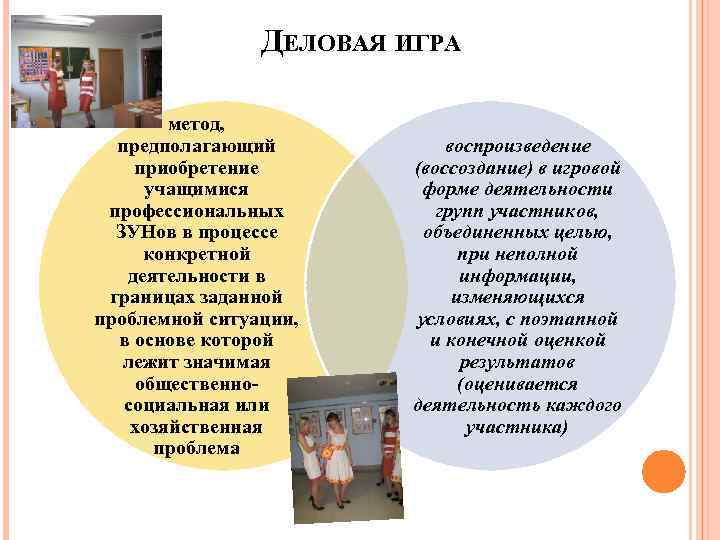 ДЕЛОВАЯ ИГРА метод, предполагающий приобретение учащимися профессиональных ЗУНов в процессе конкретной деятельности в границах