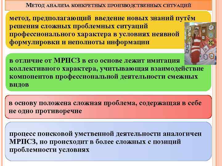 МЕТОД АНАЛИЗА КОНКРЕТНЫХ ПРОИЗВОДСТВЕННЫХ СИТУАЦИЙ метод, предполагающий введение новых знаний путём решения сложных проблемных