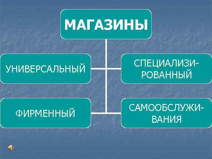 МАГАЗИНЫ УНИВЕРСАЛЬНЫЙ СПЕЦИАЛИЗИРОВАННЫЙ ФИРМЕННЫЙ САМООБСЛУЖИВАНИЯ 