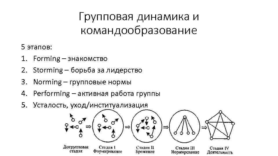 Групповая динамика и командообразование 5 этапов: 1. Forming – знакомство 2. Storming – борьба