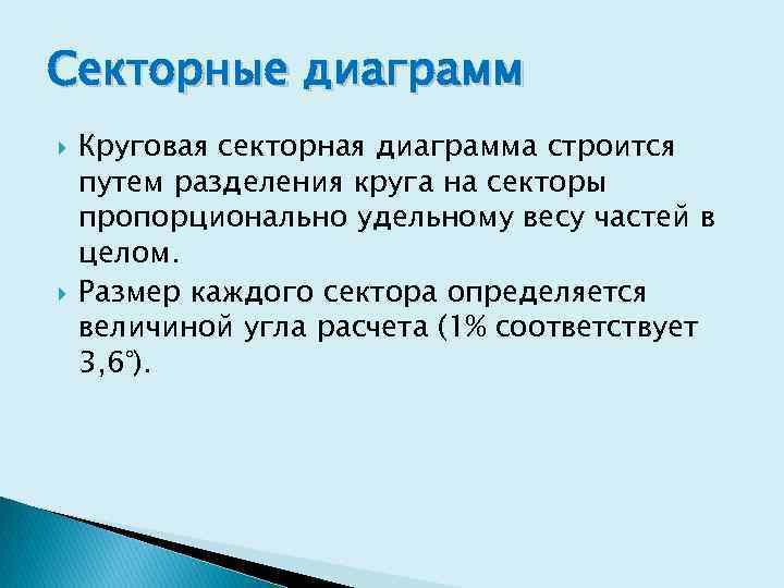 Секторные диаграмм Круговая секторная диаграмма строится путем разделения круга на секторы пропорционально удельному весу