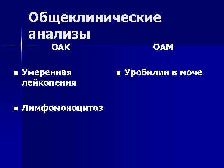 Общеклинические анализы ОАК n Умеренная лейкопения n Лимфомоноцитоз ОАМ n Уробилин в моче 