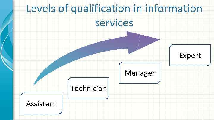 Levels of qualification in information services Expert Manager Technician Assistant 