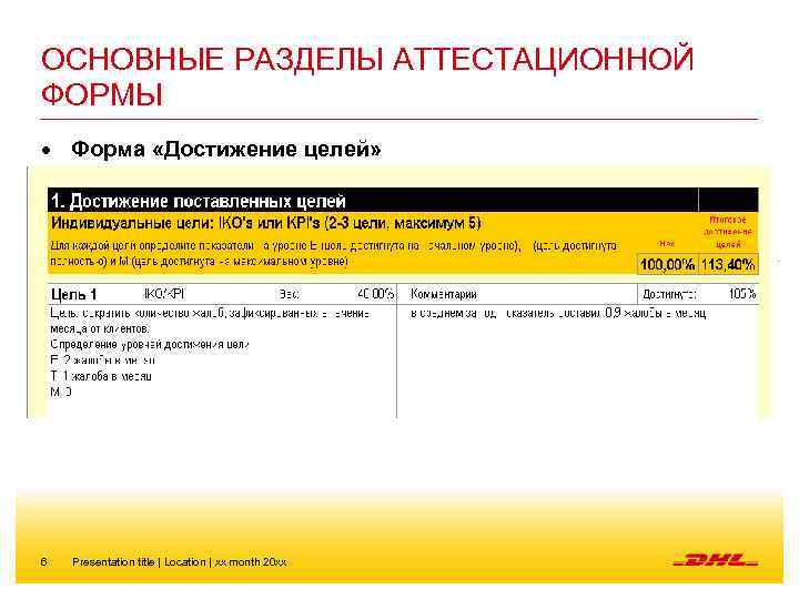 ОСНОВНЫЕ РАЗДЕЛЫ АТТЕСТАЦИОННОЙ ФОРМЫ Форма «Достижение целей» 6 Presentation title | Location | xx