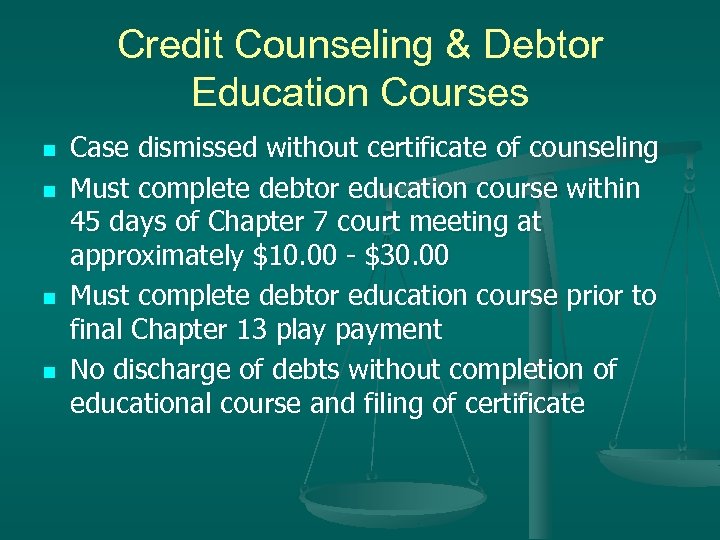 Credit Counseling & Debtor Education Courses n n Case dismissed without certificate of counseling