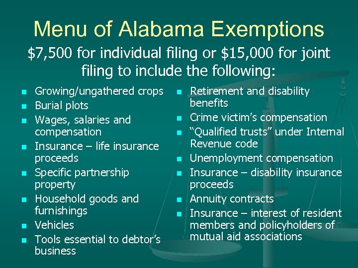 Menu of Alabama Exemptions $7, 500 for individual filing or $15, 000 for joint
