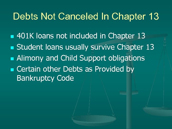 Debts Not Canceled In Chapter 13 n n 401 K loans not included in