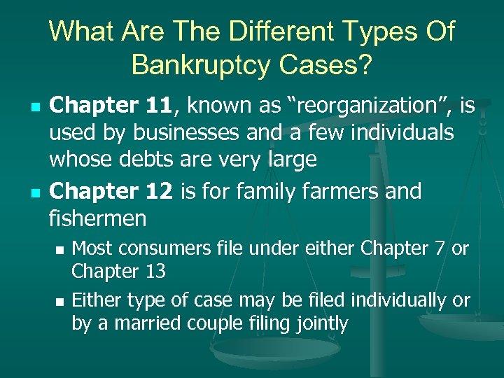 What Are The Different Types Of Bankruptcy Cases? n n Chapter 11, known as