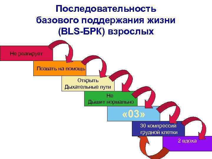 Последовательность базового поддержания жизни (BLS-БРК) взрослых Не реагирует Позвать на помощь Открыть Дыхательные пути