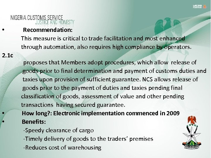  • 2. 1 c • • Recommendation: This measure is critical to trade