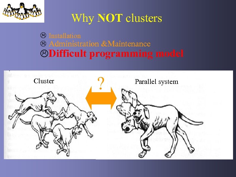 Why NOT clusters L Installation L Administration &Maintenance LDifficult programming model Cluster ? Parallel