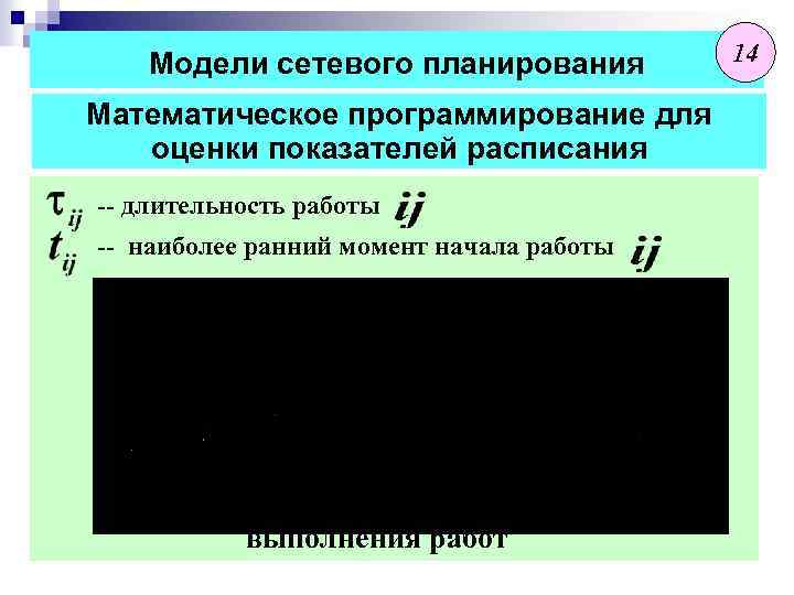 Модели сетевого планирования Математическое программирование для оценки показателей расписания -- длительность работы -- наиболее