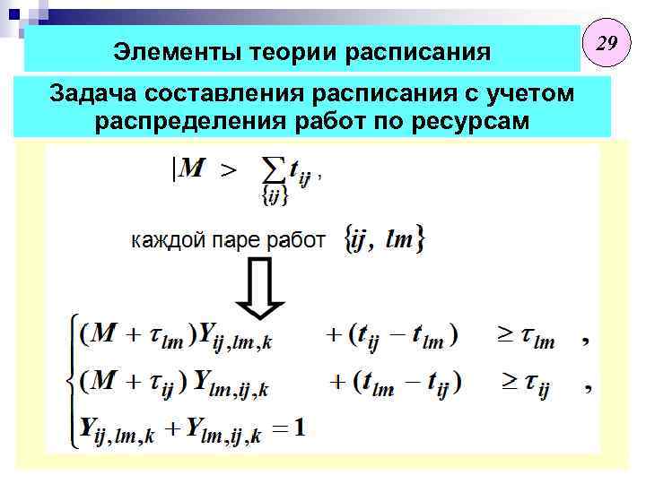 Элементы теории расписания Задача составления расписания с учетом распределения работ по ресурсам 29 
