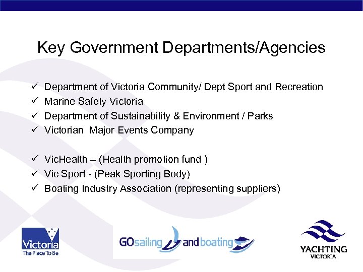 Key Government Departments/Agencies ü ü Department of Victoria Community/ Dept Sport and Recreation Marine