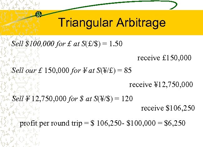 Triangular Arbitrage Sell $100, 000 for £ at S(£/$) = 1. 50 receive £