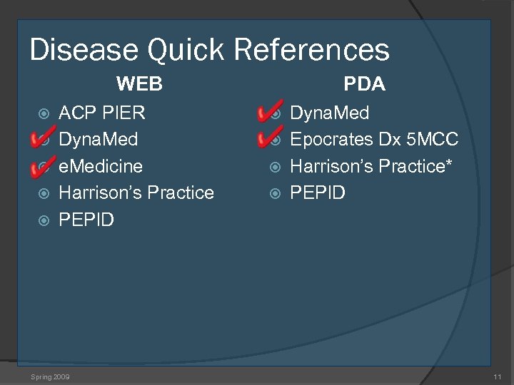 Disease Quick References WEB ACP PIER Dyna. Med e. Medicine Harrison’s Practice PEPID Spring