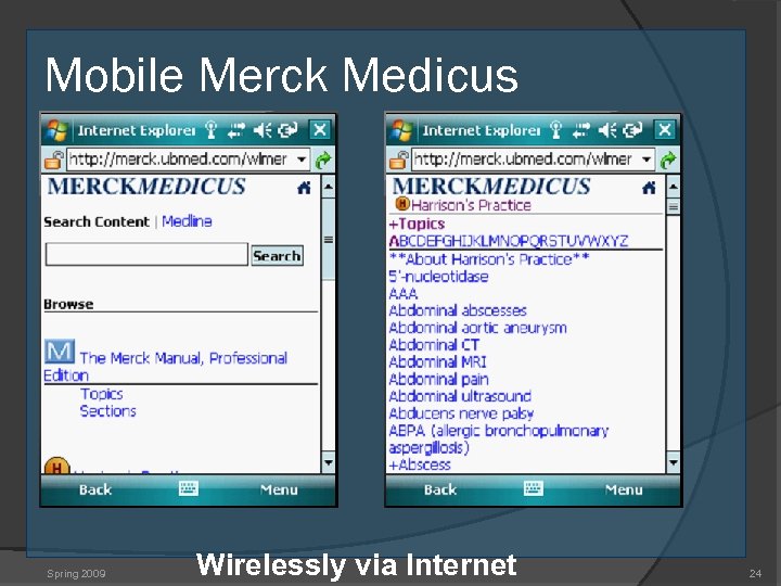 Mobile Merck Medicus Spring 2009 Wirelessly via Internet 24 