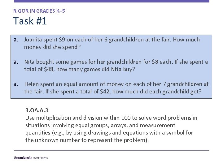 RIGOR IN GRADES K– 5 Task #1 a. Juanita spent $9 on each of