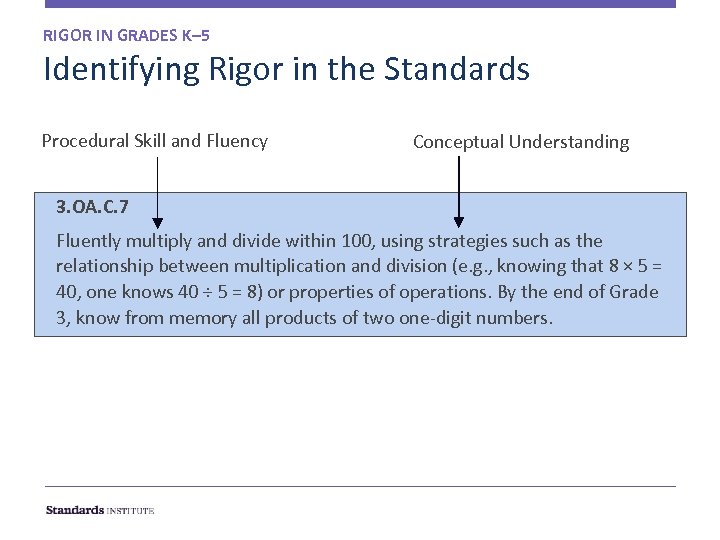 RIGOR IN GRADES K– 5 Identifying Rigor in the Standards Procedural Skill and Fluency