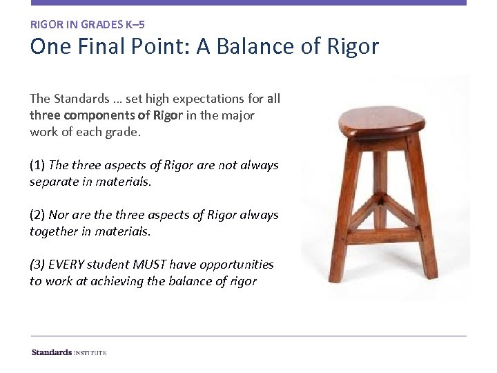 RIGOR IN GRADES K– 5 One Final Point: A Balance of Rigor The Standards