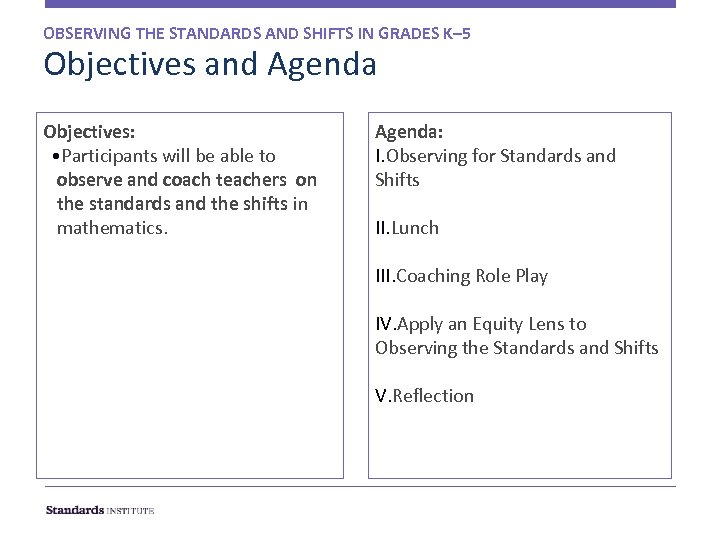 OBSERVING THE STANDARDS AND SHIFTS IN GRADES K– 5 Objectives and Agenda Objectives: •