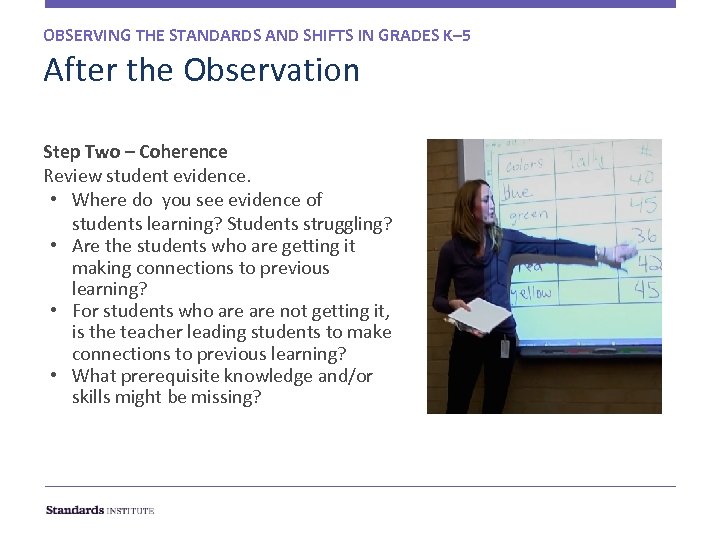 OBSERVING THE STANDARDS AND SHIFTS IN GRADES K– 5 After the Observation Step Two