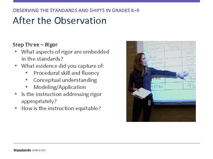 OBSERVING THE STANDARDS AND SHIFTS IN GRADES K– 5 After the Observation Step Three