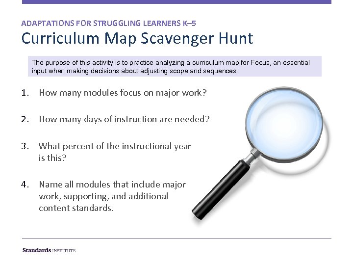 ADAPTATIONS FOR STRUGGLING LEARNERS K– 5 Curriculum Map Scavenger Hunt The purpose of this